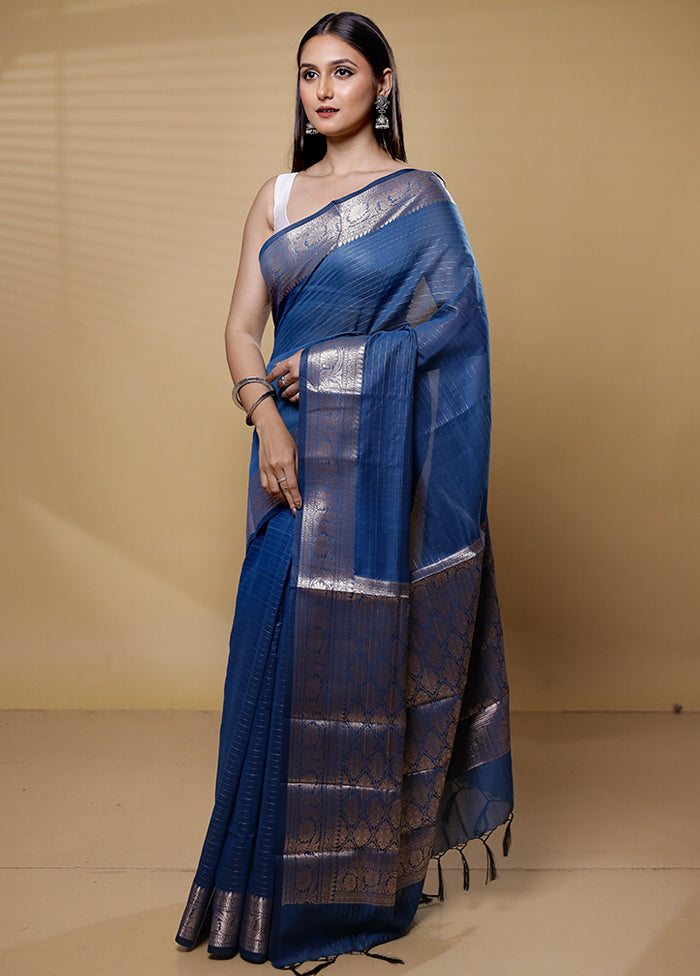 Blue Cotton Saree With Blouse Piece