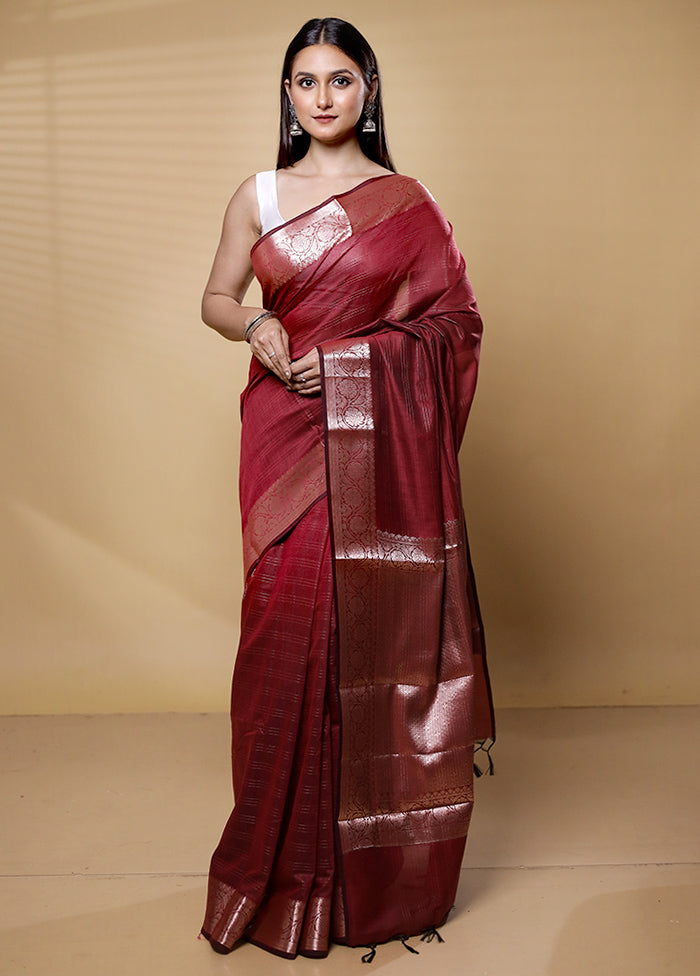 Maroon Cotton Saree With Blouse Piece