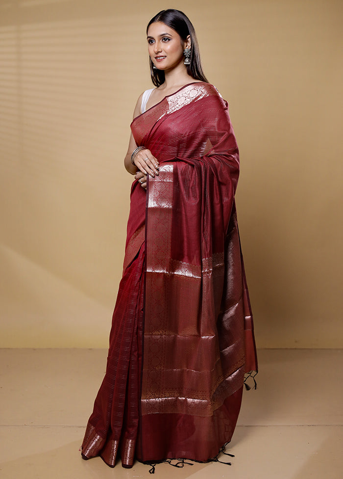 Maroon Cotton Saree With Blouse Piece