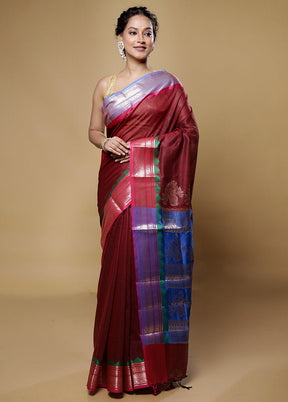 Maroon Cotton Saree With Blouse Piece