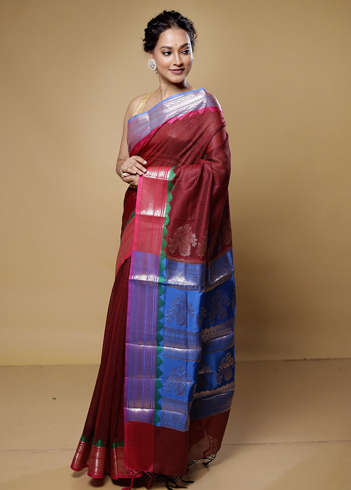 Maroon Cotton Saree With Blouse Piece