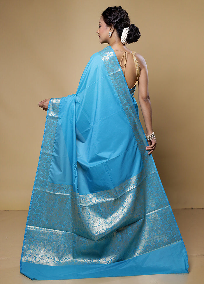 Blue Pure Cotton Saree With Blouse Piece