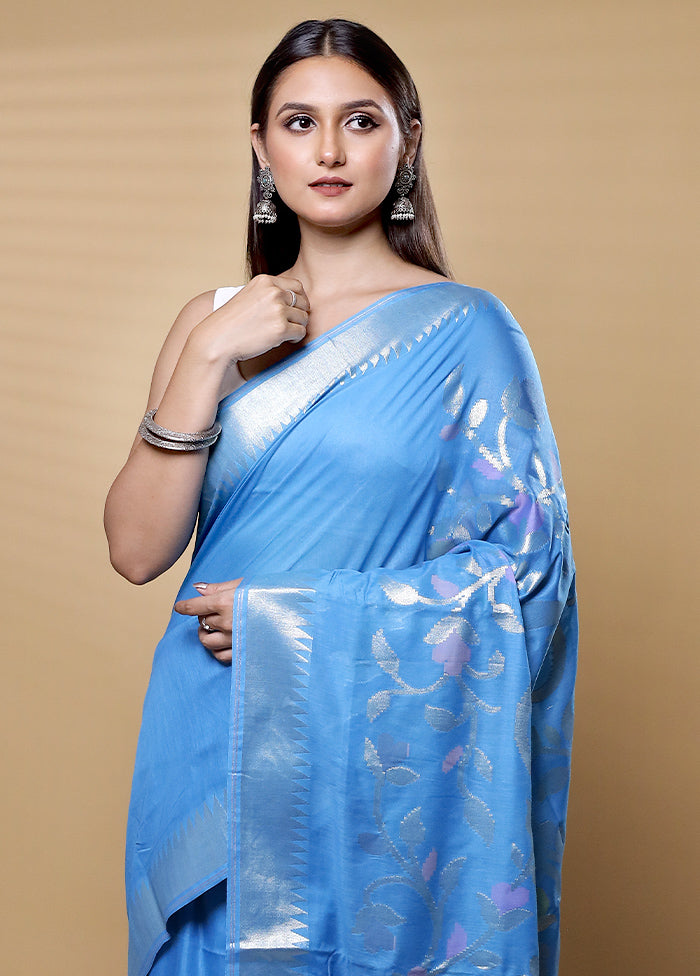 Blue Cotton Saree With Blouse Piece