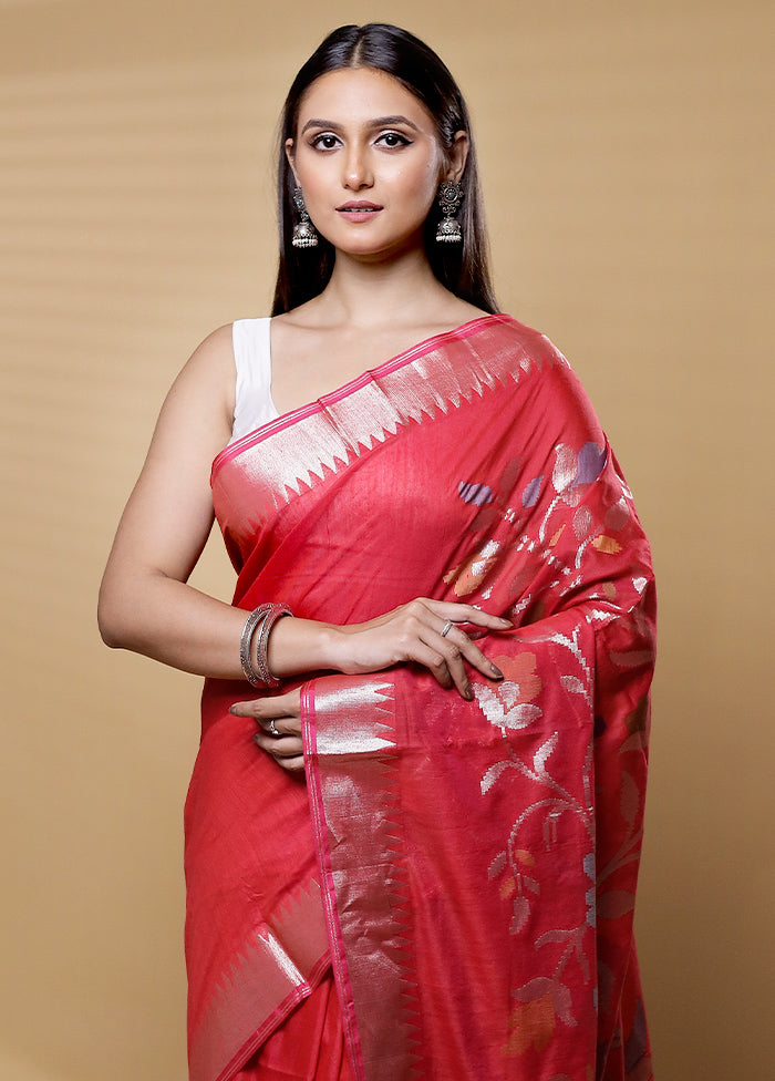 Red Cotton Saree With Blouse Piece