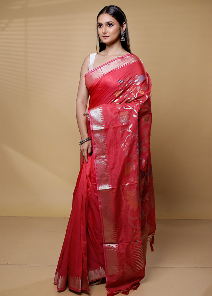 Red Cotton Saree With Blouse Piece