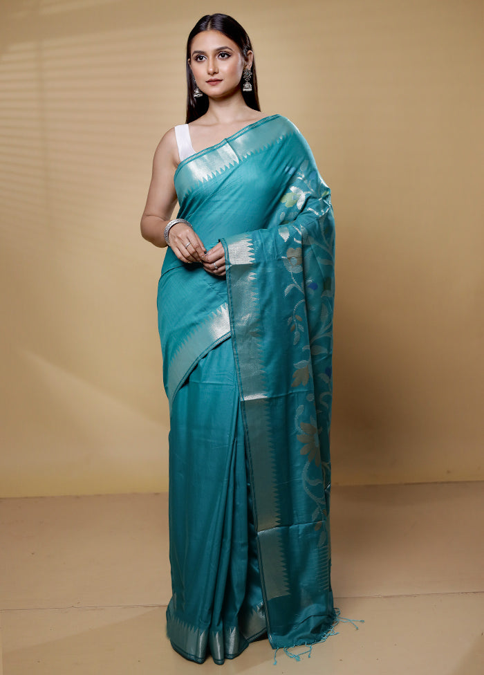 Blue Cotton Saree With Blouse Piece