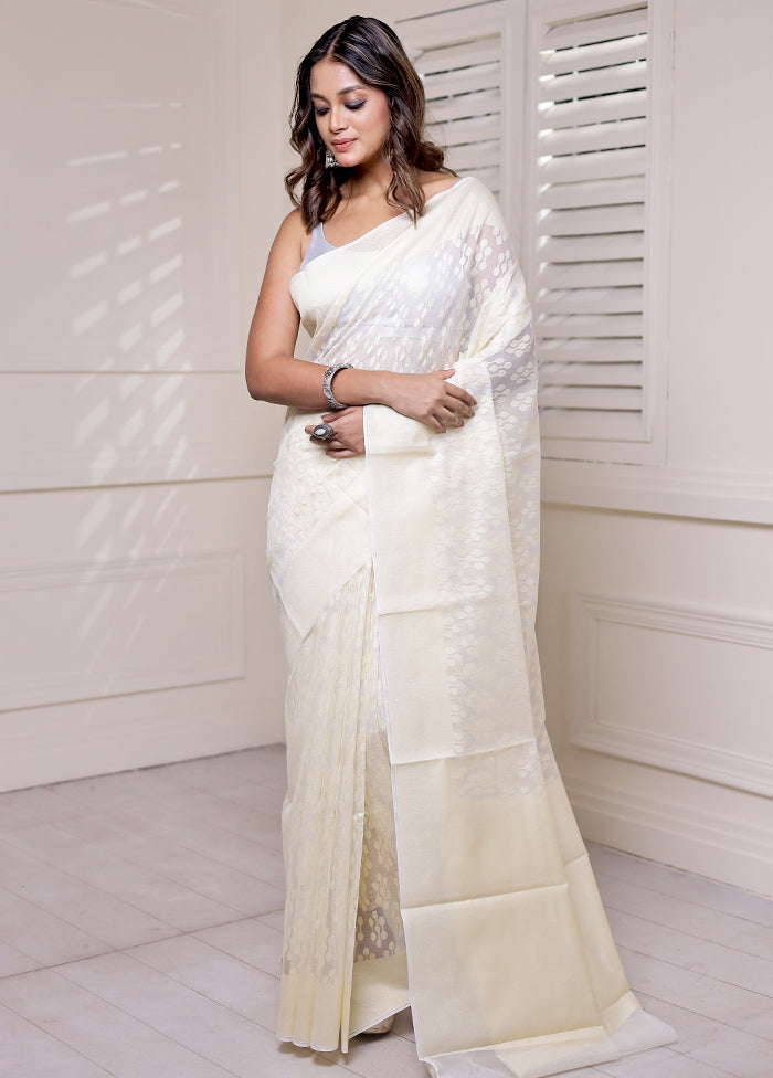 Cream Net Saree With Blouse Piece