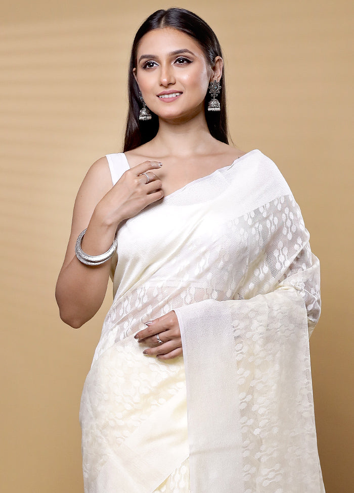 Cream Net Saree With Blouse Piece