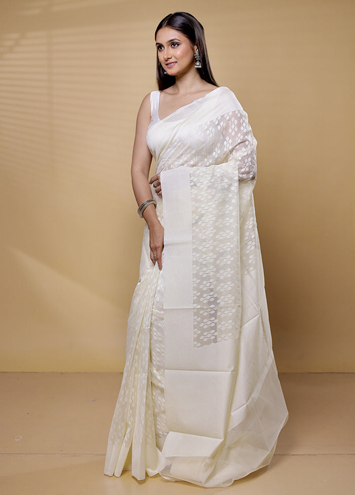 Cream Net Saree With Blouse Piece