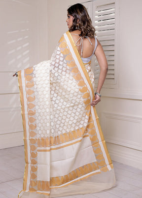 Cream Net Saree With Blouse Piece