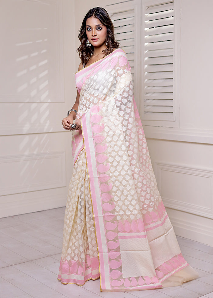 Cream Net Saree With Blouse Piece