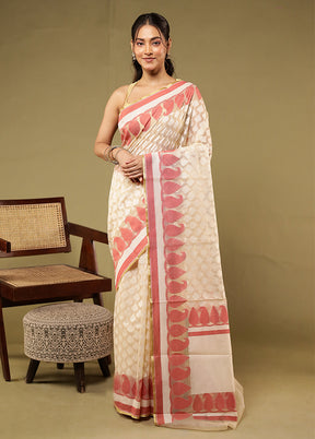 Cream Net Saree With Blouse Piece