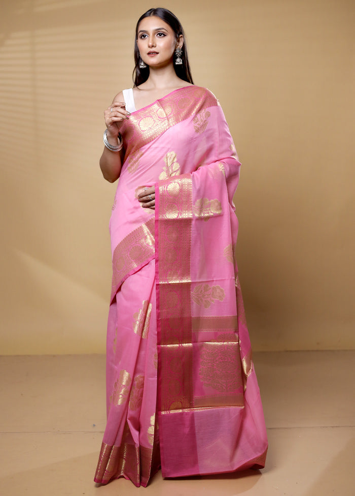 Pink Kora Silk Saree With Blouse Piece