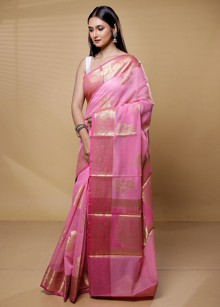 Pink Kora Silk Saree With Blouse Piece