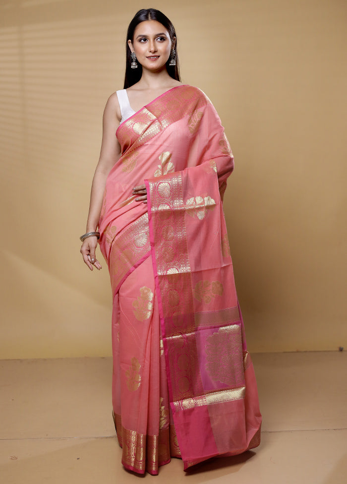 Peach Kora Silk Saree With Blouse Piece