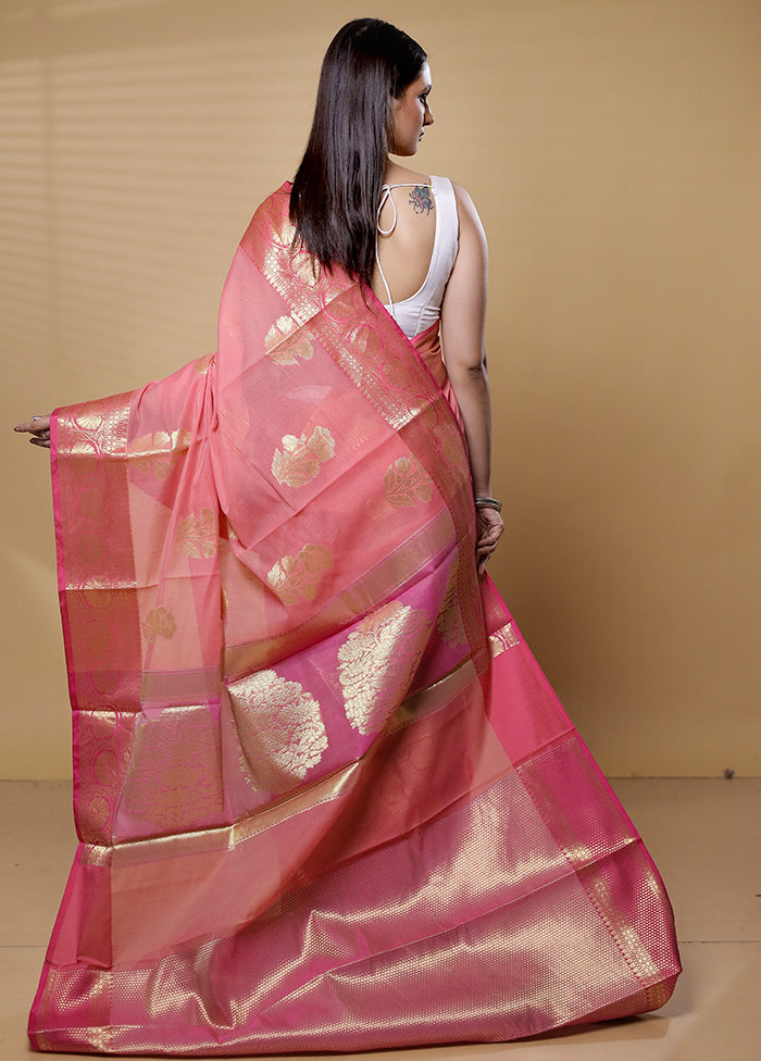 Peach Kora Silk Saree With Blouse Piece