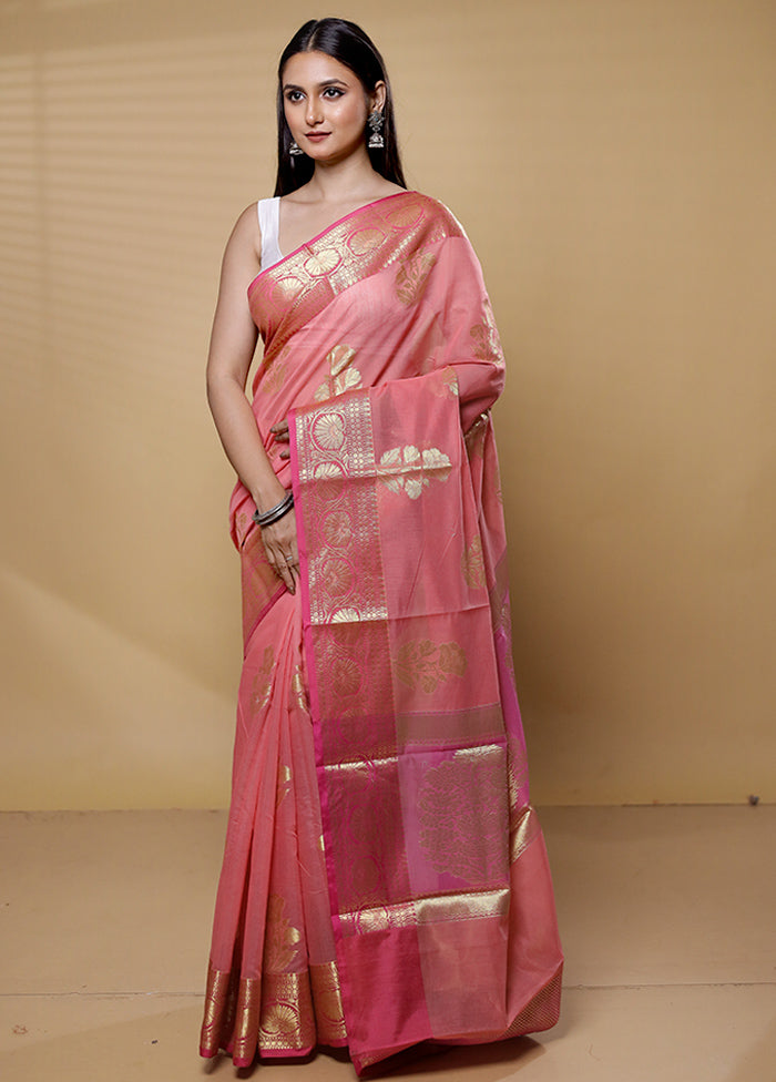 Peach Kora Silk Saree With Blouse Piece