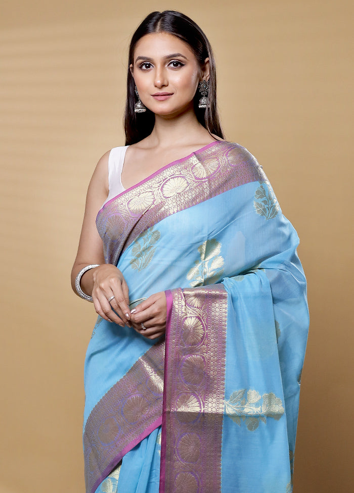 Blue Kora Silk Saree With Blouse Piece