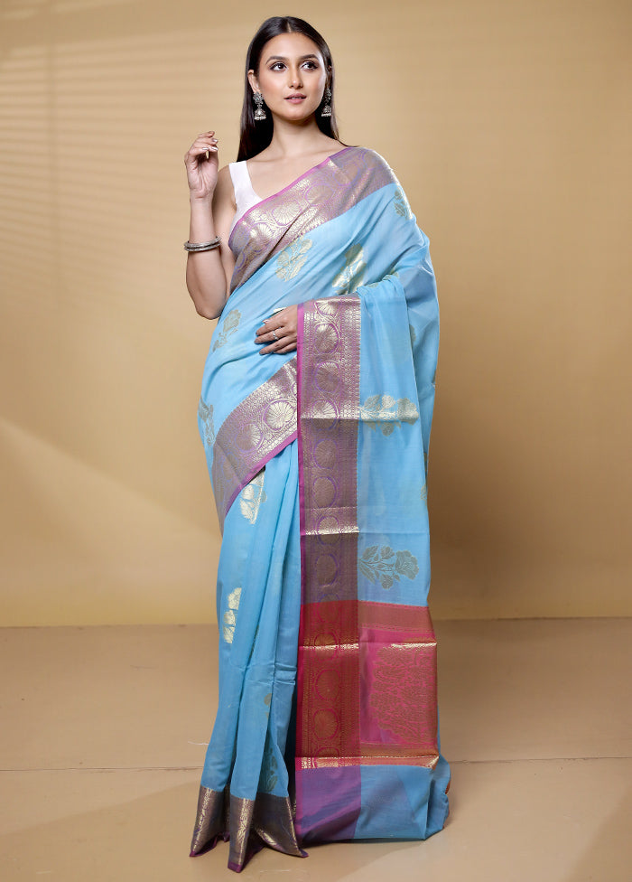 Blue Kora Silk Saree With Blouse Piece