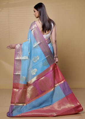 Blue Kora Silk Saree With Blouse Piece