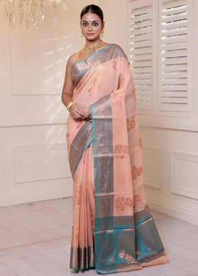 Peach Kora Silk Saree With Blouse Piece