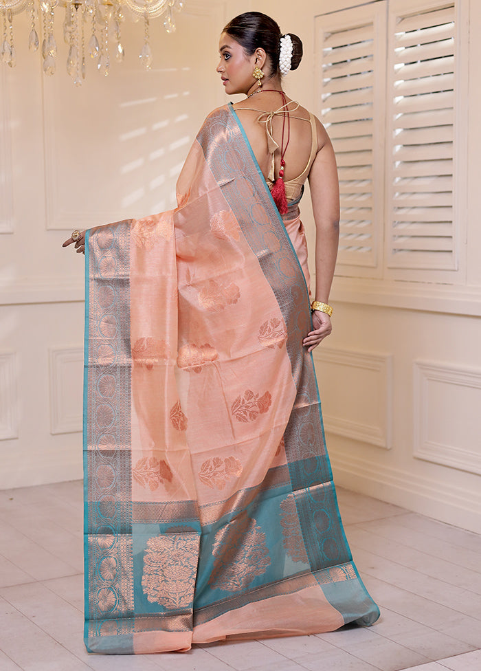 Peach Kora Silk Saree With Blouse Piece