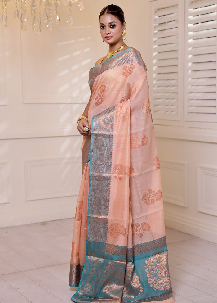 Peach Kora Silk Saree With Blouse Piece