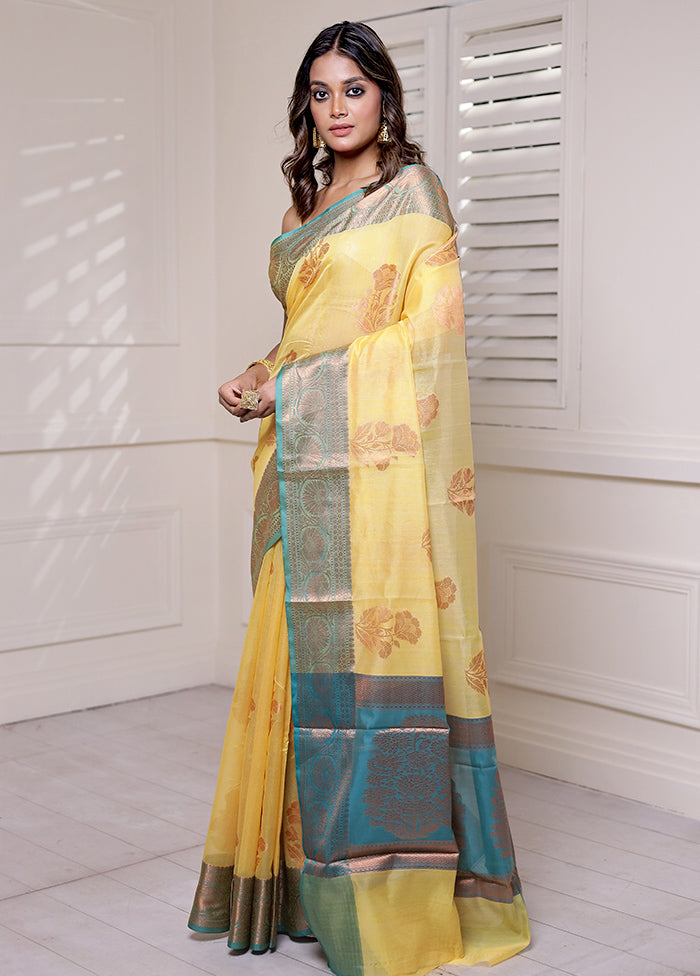 Yellow Kora Silk Saree With Blouse Piece