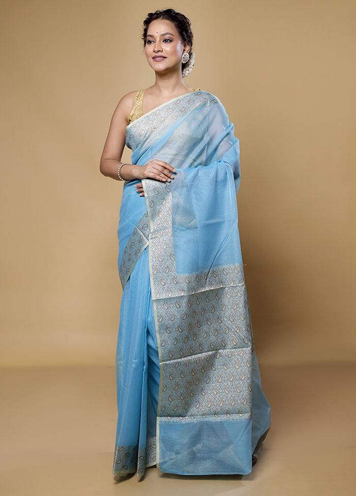 Blue Kota Cotton Saree With Blouse Piece