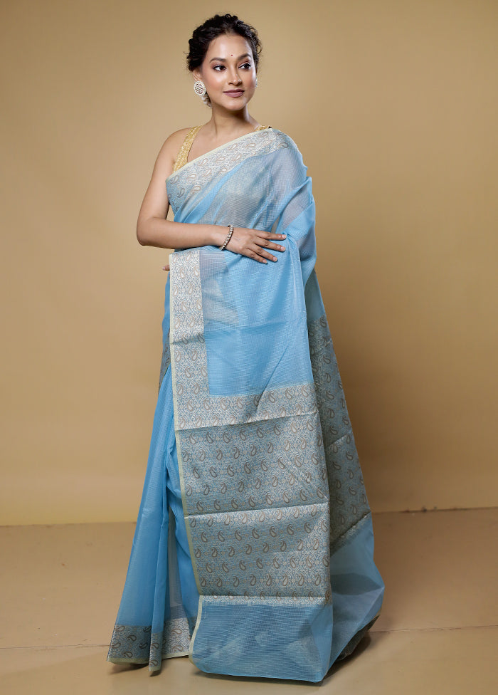 Blue Kota Cotton Saree With Blouse Piece