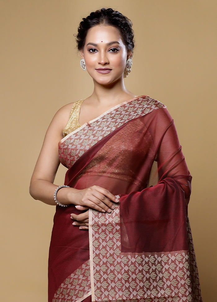 Maroon Kota Cotton Saree With Blouse Piece