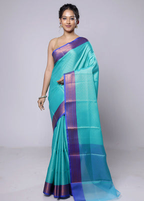 Blue Kora Silk Saree With Blouse Piece