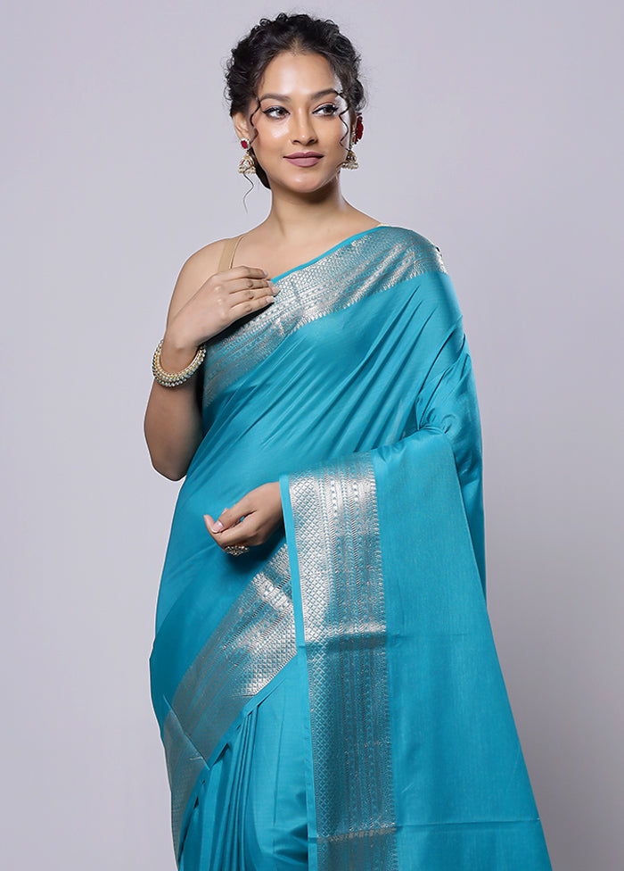 Blue Dupion Silk Saree With Blouse Piece