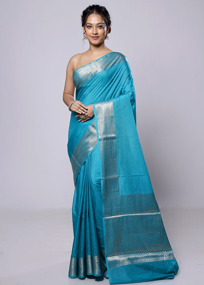 Blue Dupion Silk Saree With Blouse Piece