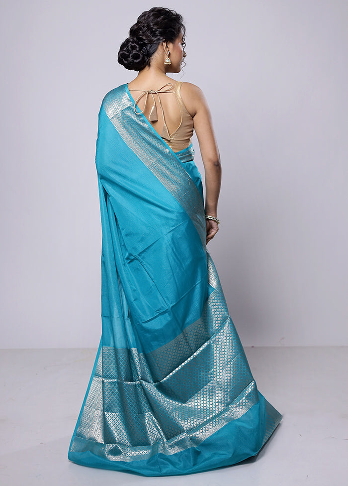 Blue Dupion Silk Saree With Blouse Piece