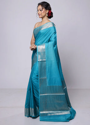 Blue Dupion Silk Saree With Blouse Piece