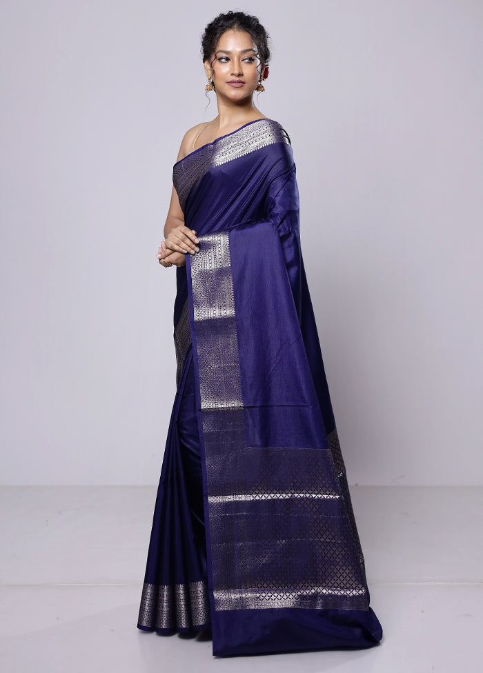 Blue Dupion Silk Saree With Blouse Piece