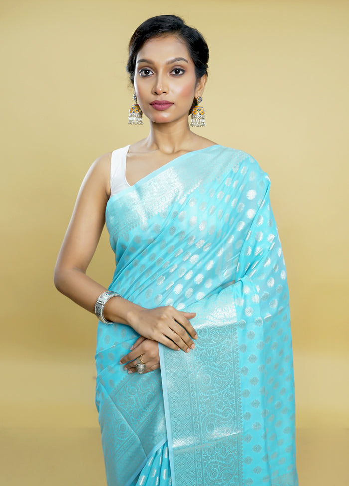 Blue Kora Silk Saree With Blouse Piece