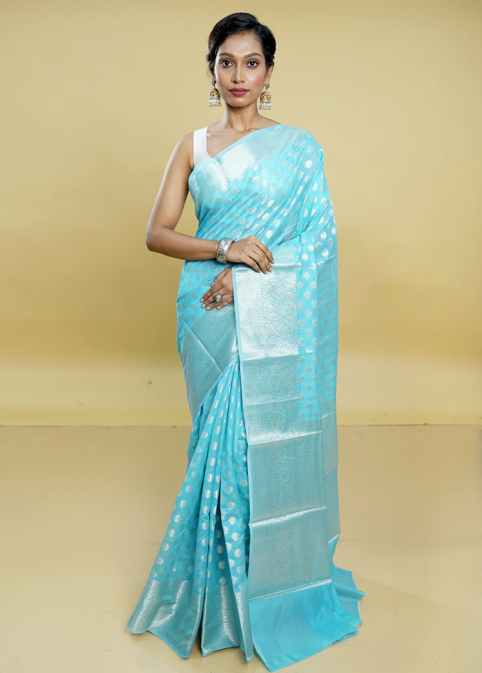 Blue Kora Silk Saree With Blouse Piece