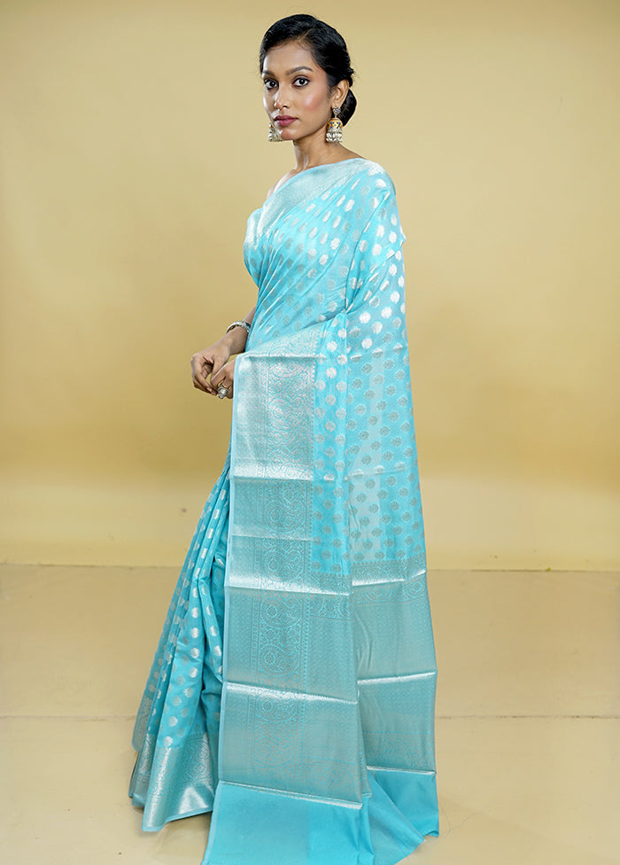 Blue Kora Silk Saree With Blouse Piece