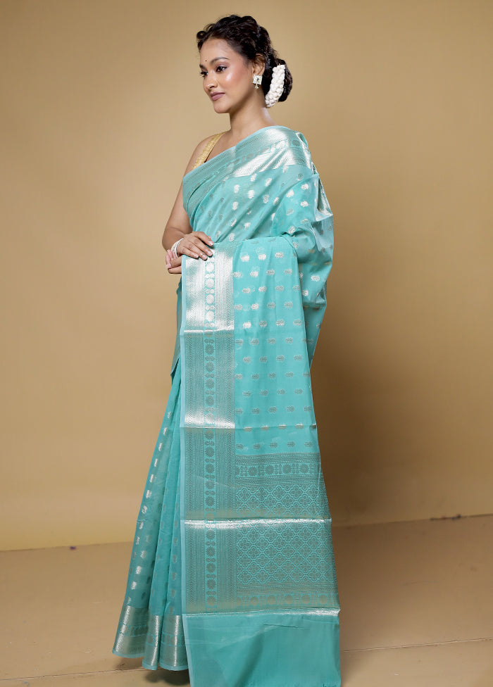 Blue Kora Silk Saree With Blouse Piece