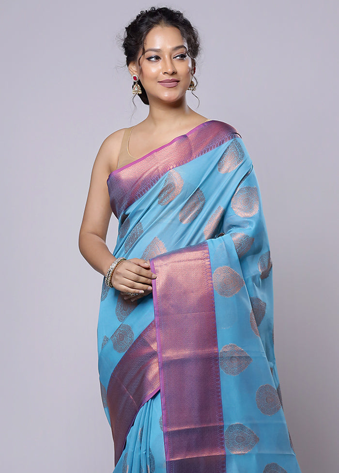 Blue Kora Silk Saree With Blouse Piece