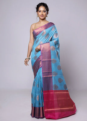 Blue Kora Silk Saree With Blouse Piece