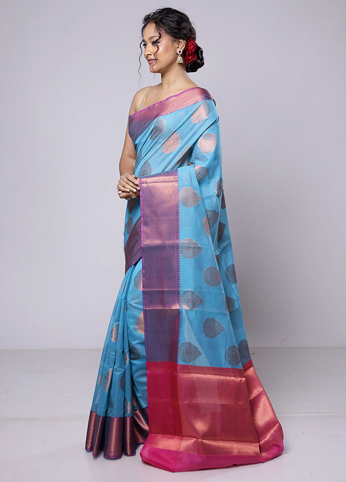 Blue Kora Silk Saree With Blouse Piece