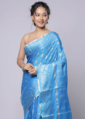 Blue Dupion Silk Saree With Blouse Piece