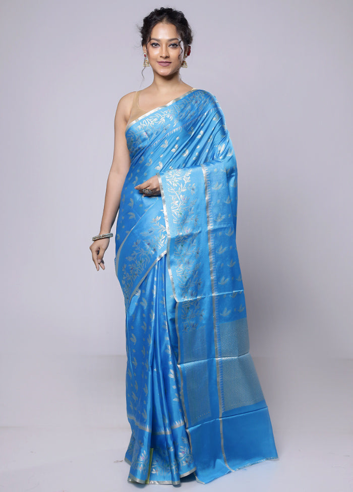 Blue Dupion Silk Saree With Blouse Piece