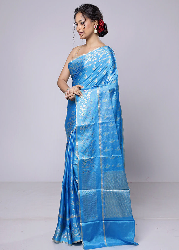 Blue Dupion Silk Saree With Blouse Piece