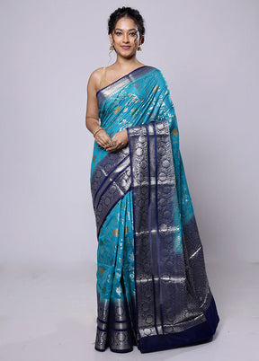 Blue Kora Silk Saree With Blouse Piece