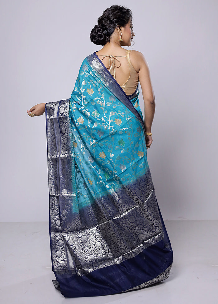 Blue Kora Silk Saree With Blouse Piece