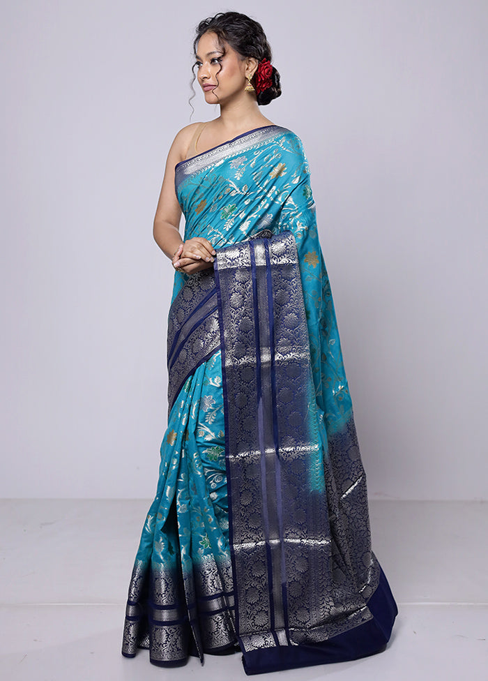 Blue Kora Silk Saree With Blouse Piece